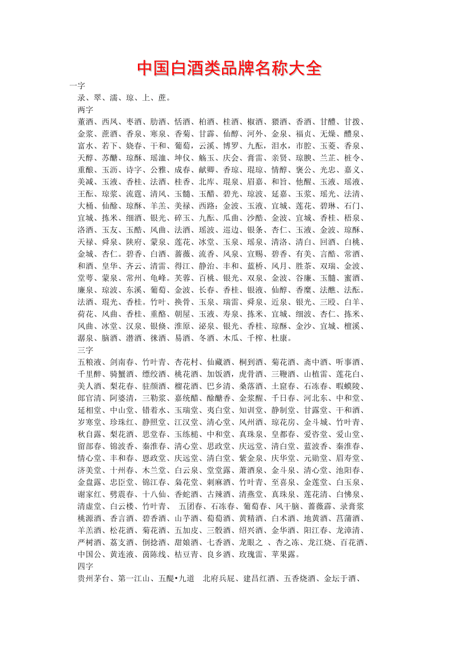 中国白酒的品牌名称中国白酒品牌名称大全